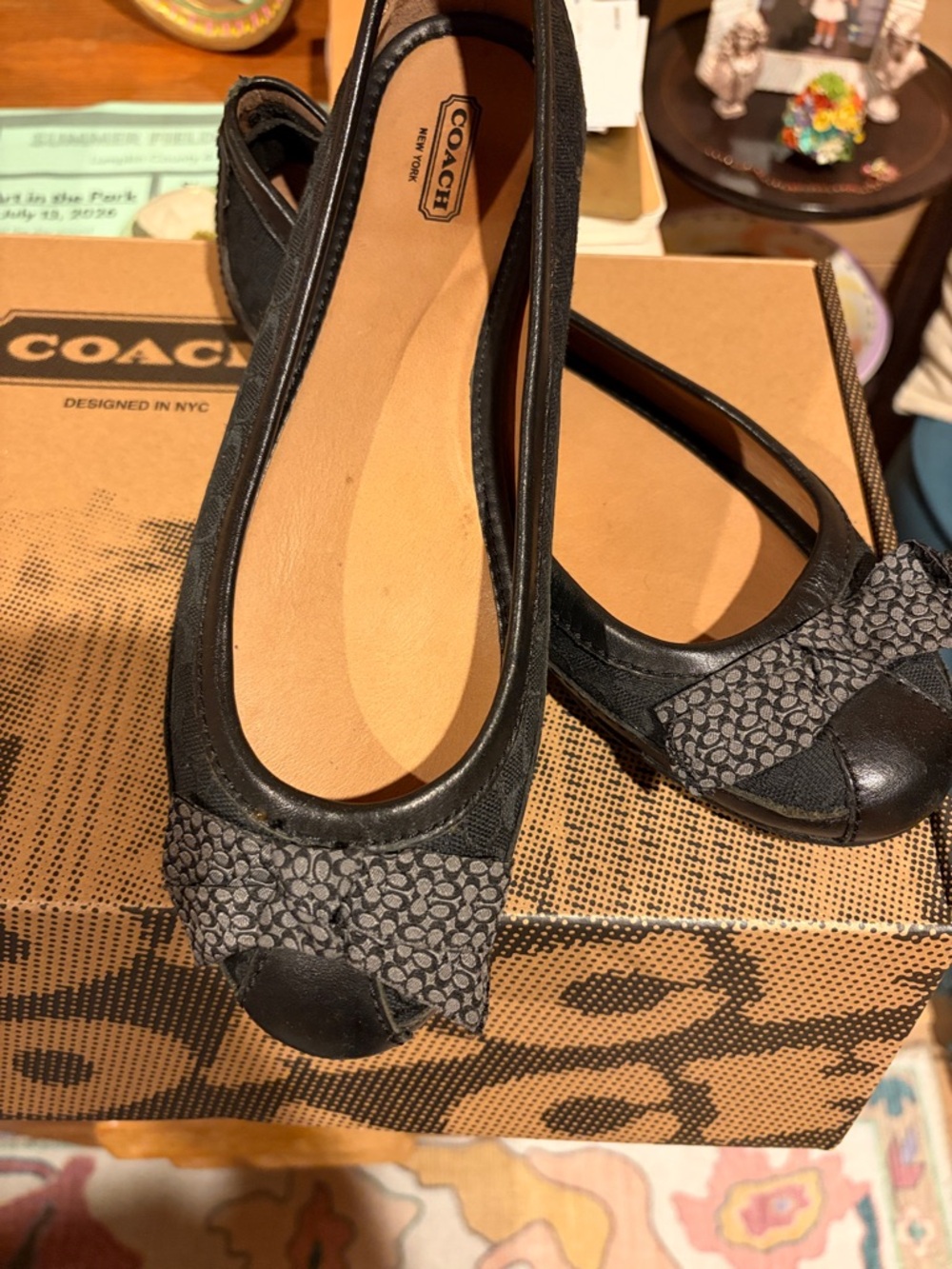 Coach Logo Black Ballerina Flats with Bow Accent 8 with box